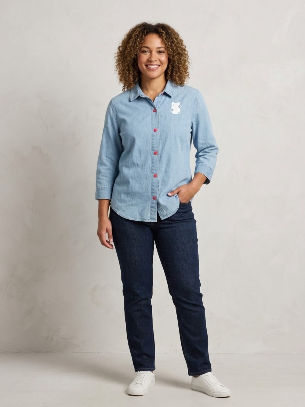 Squishmallows Light Blue Denim Button-Front Shirt with Pink Buttons